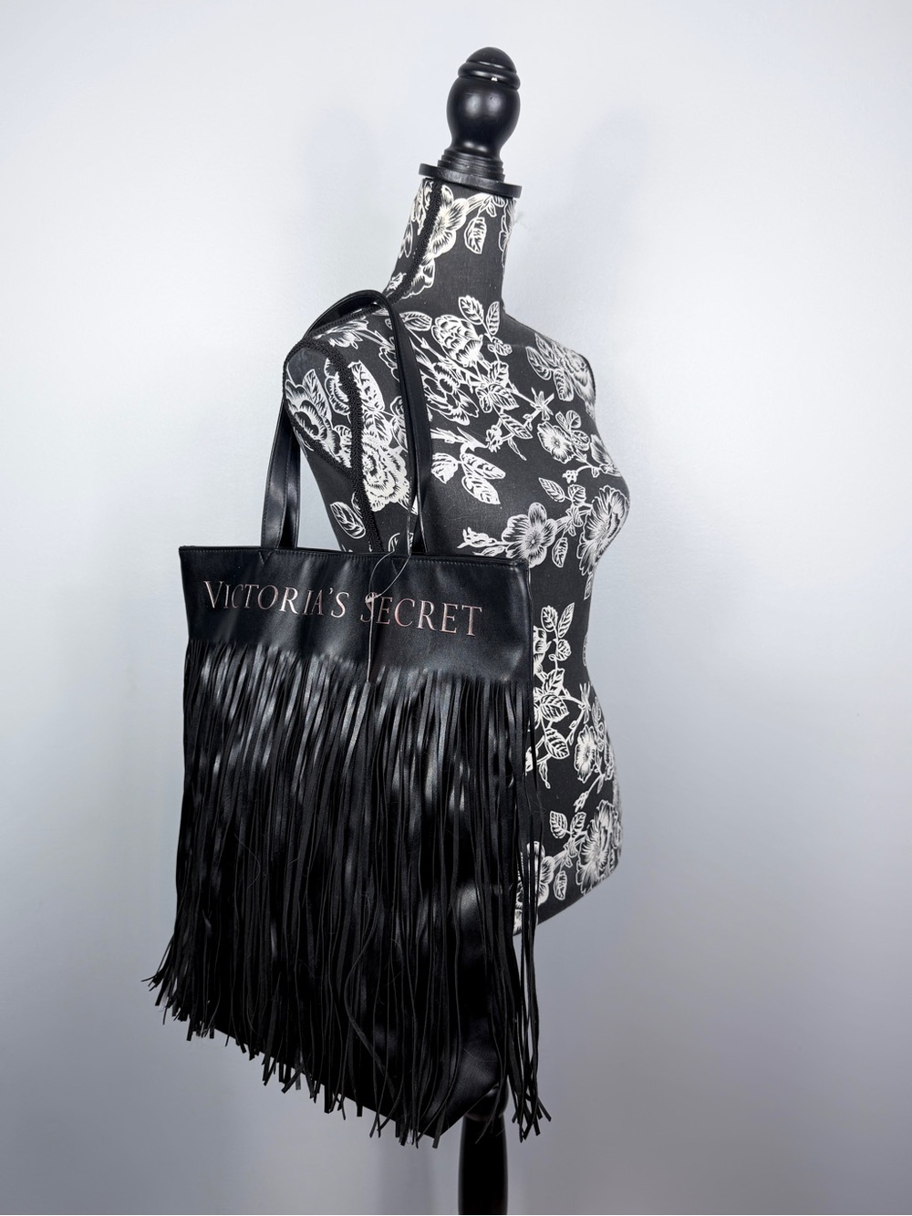 NWT VS black faux leather snap close long fringe travel tote bag size large